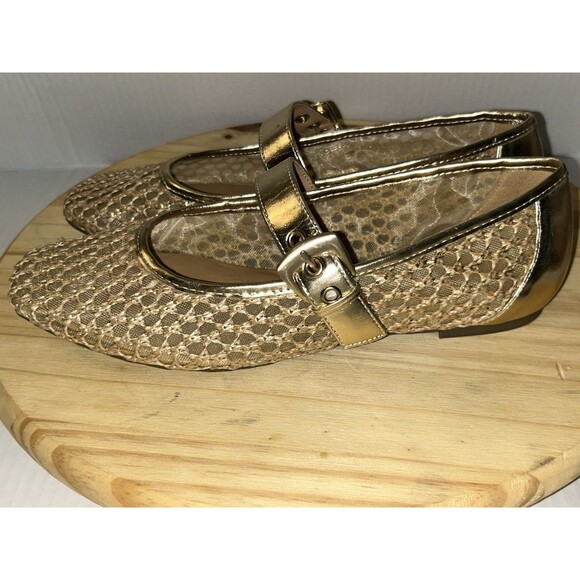 Crown Vintage Shoes Women 9M Metallic Gold Mary Jane Flats Mesh Breathable Strap - Picture 2 of 13